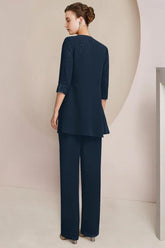 Chic Dark Navy Silver Lace Top Half Sleeves Chiffon Mother of Bride Jumpsuit with Wrap